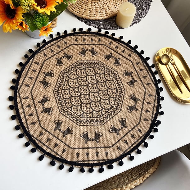 XmhyTop Juego de 6 Manteletes Redondos Artesanales Bohemio, Fibra de Yute Natural, Colores Negro y Natural, 38 cm, Estilo C, Negro B