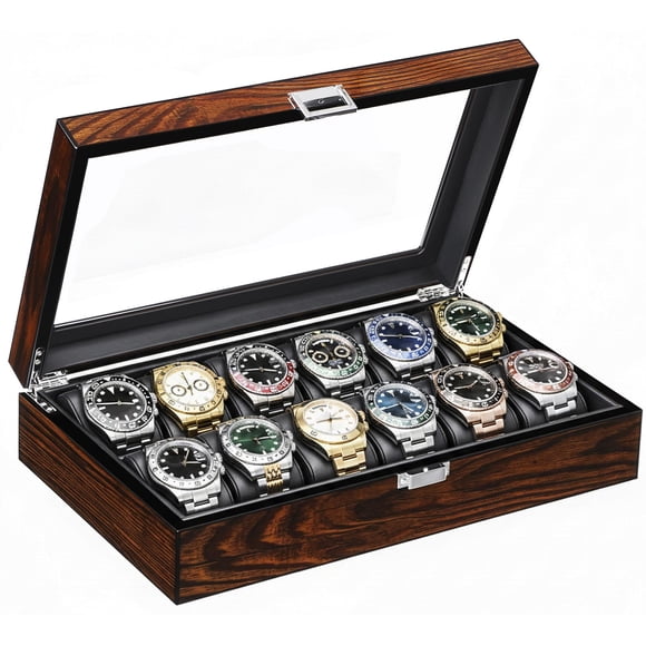 Caja para Relojes BEWISHOME de Madera con Tapa de Vidrio y 12 Compartimentos Marrón