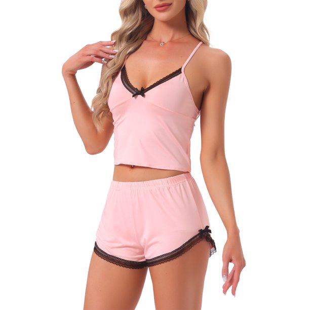INSPIRE CHIC Conjunto de Pijamas para Mujer con Encaje y Lazo Camiseta de Tirantes Suave y Pantalones Cortos Ropa de Dormir 2026 2 Piezas S Rosa