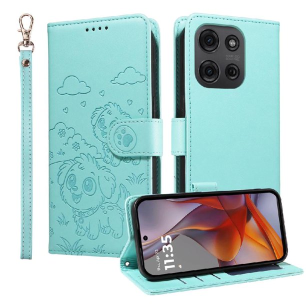 Funda Cartera para Motorola Moto G75 5G Perro Cachorro Grabado con Tarjetas Soporte Correa Verde