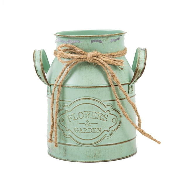 Jarrón de metal vintage, jarra de leche de metal galvanizado, jarrón de granja con asa decorativa