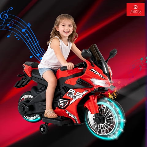 Anikids - Moto Electrico Para Niños Niñas 6V Con 4 Ruedas Luz Música Rojo
