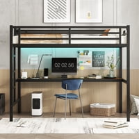 M&Ms - Metal Twin Xl Size Loft Bed With Power Outlet And Led Lighted, Space-Saving, Noise Reduced, Black