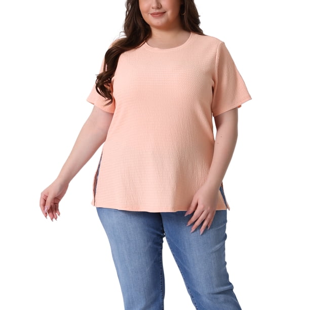 Agnes Orinda Camisetas de Mujer Tallas Grandes con Abertura Lateral Textura Cuello Redondo Manga Corta Blusa Casual Túnica 4X Rosa Claro