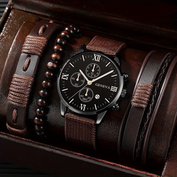 3pcs/set Men's Casual Analog Watch And Classic Bracelets Set (1 Watch+2 Bracelets)