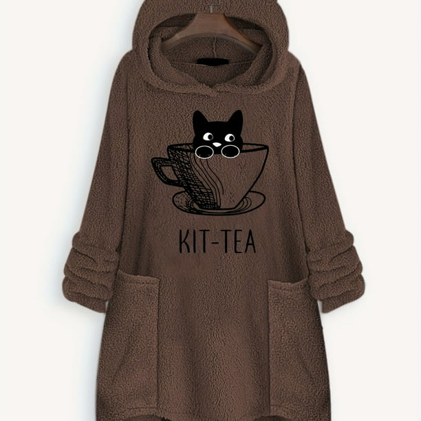 Cat Print Big Pocket Hoodie, Casual Long Sleeve Fleece Hoodies Sweatshirt, Women's Clothing