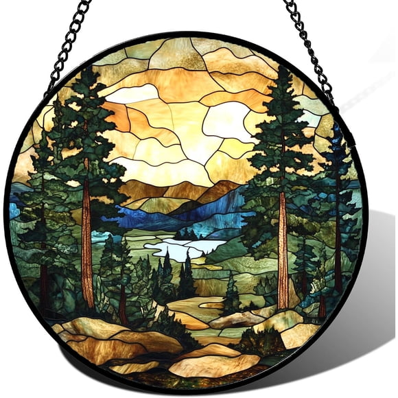 Colgante Vidrio 16 Cm Redondo Bosque Lago Atardecer