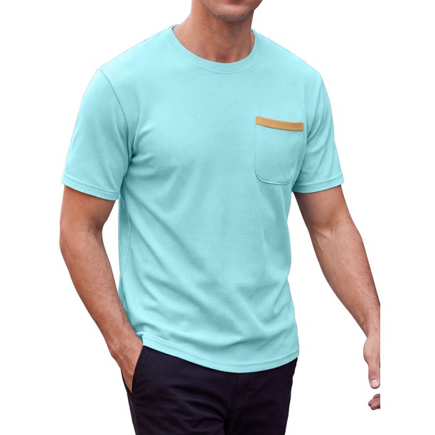 INSPIRE CHIC Camiseta Casual de Hombre con Cuello Redondo, Bolsillo en el Pecho, Manga Corta, Elástica, Talla XXL, Azul Claro