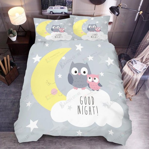 Cartoon Moon Star Owl Good Night Quilt Duvet Cover Set Super 3-Piece Bedding Set