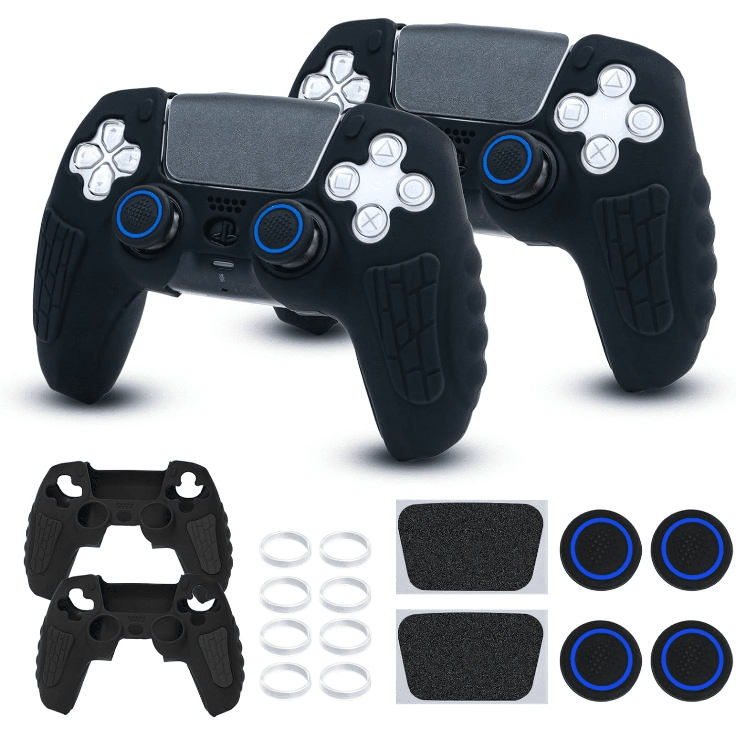 Genérico - Funda Para Mando De Ps5, Funda De Silicona Antideslizante Compatible Con El Mando De Ps5, Con Tapones Para El Pulgar, Protectores Para El Joystick Y Pegatina Envolvente (2 Packs)-allblack
