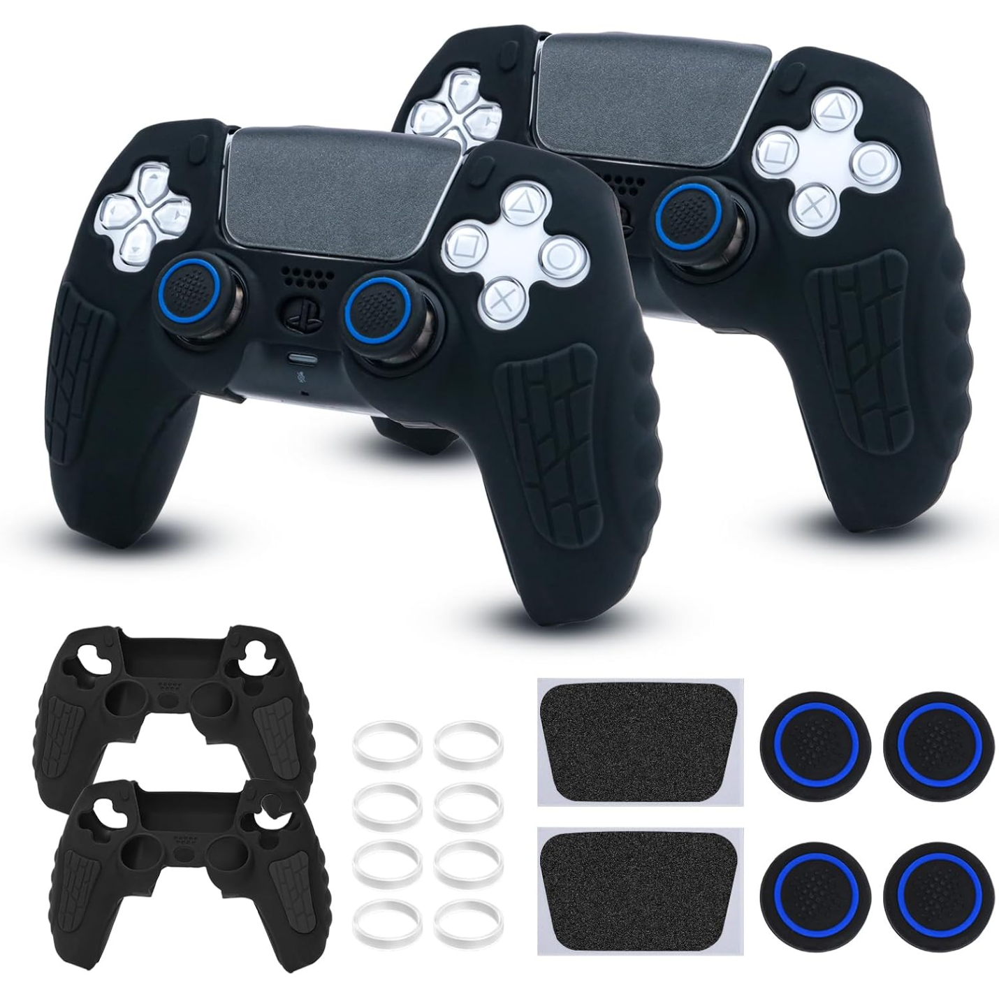 Genérico - Funda Para Mando De Ps5, Funda De Silicona Antideslizante Compatible Con El Mando De Ps5, Con Tapones Para El Pulgar, Protectores Para El Joystick Y Pegatina Envolvente (2 Packs)-Allblack