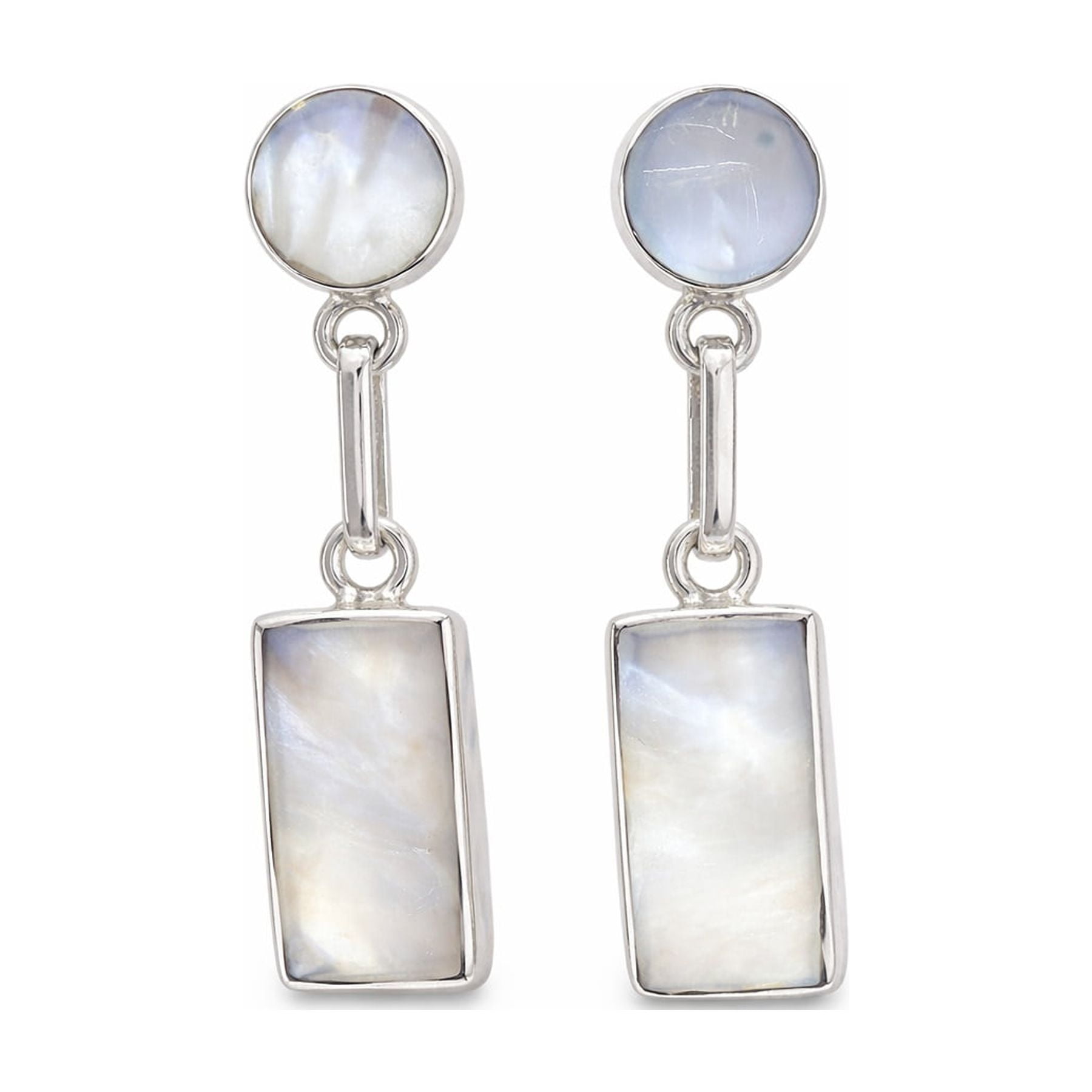 Jireh Joyas - Aros Nácar Rectangular Plata 950 Tornillo Mariposa Colgantes Mujer Elegantes Piedra Blanca.