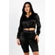 thumbnail image 1 of Conjunto de Top Corto con Capucha de Manga Larga y Shorts Estilo Biker con Detalles de Encaje Satinado, Talla S, Color Negro, 1 of 5