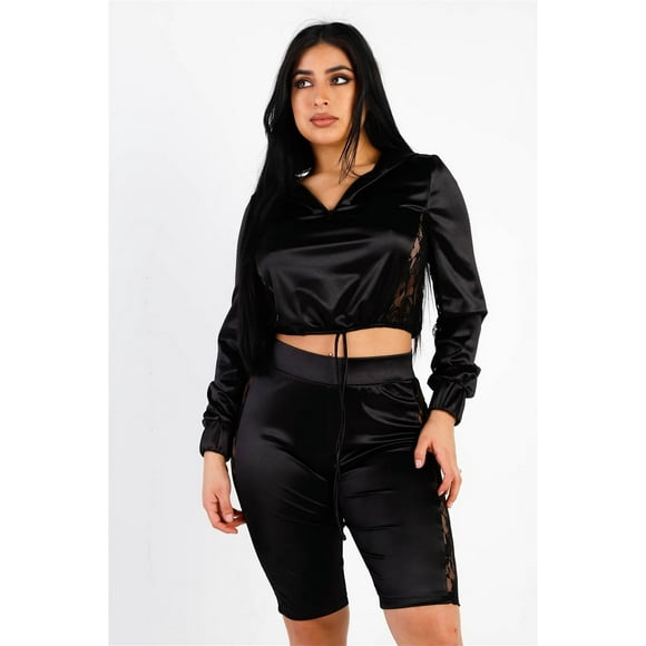 Conjunto de Top Corto con Capucha de Manga Larga y Shorts Estilo Biker con Detalles de Encaje Satinado, Talla S, Color Negro
