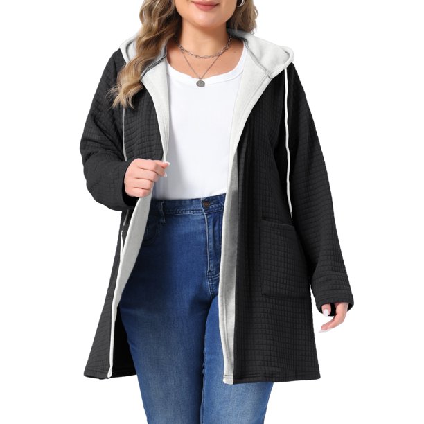 Chaqueta con Capucha de Punto Waffle para Mujer de Talla Grande Agnes Orinda con Ribete en Contraste, Cremallera Completa, Manga Larga, Abrigo Casual de Otoño con Bolsillos L Negro