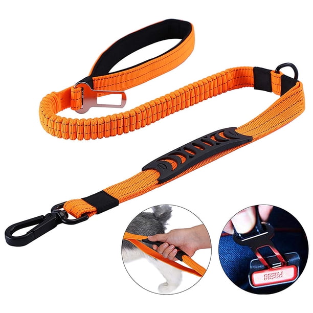 Correa resistente para perros grandes de hasta 40 kg, reflectante para entrenamiento de paseo, con amortiguación elástica y hebilla para cinturón de seguridad de coche, 2 asas acolchadas para mayor co
