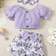 thumbnail image 1 of 3pcs Baby Infan Girl Casual Puff Sleeve Top & Floral Shorts & Headband Set Clothes, 1 of 5