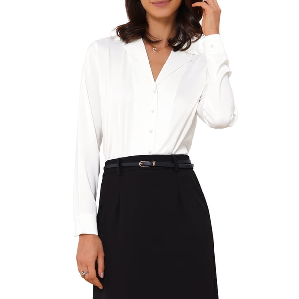 INSPIRE CHIC Camisa Leotardo Abotonada para Mujer de Satén Manga Larga con Solapa en Punta para Trabajo de Negocios L Blanco