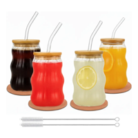 Simpel - 4 Vasos Creativos Con Posavasos Tapa Bambú Y Bombillas 530Ml