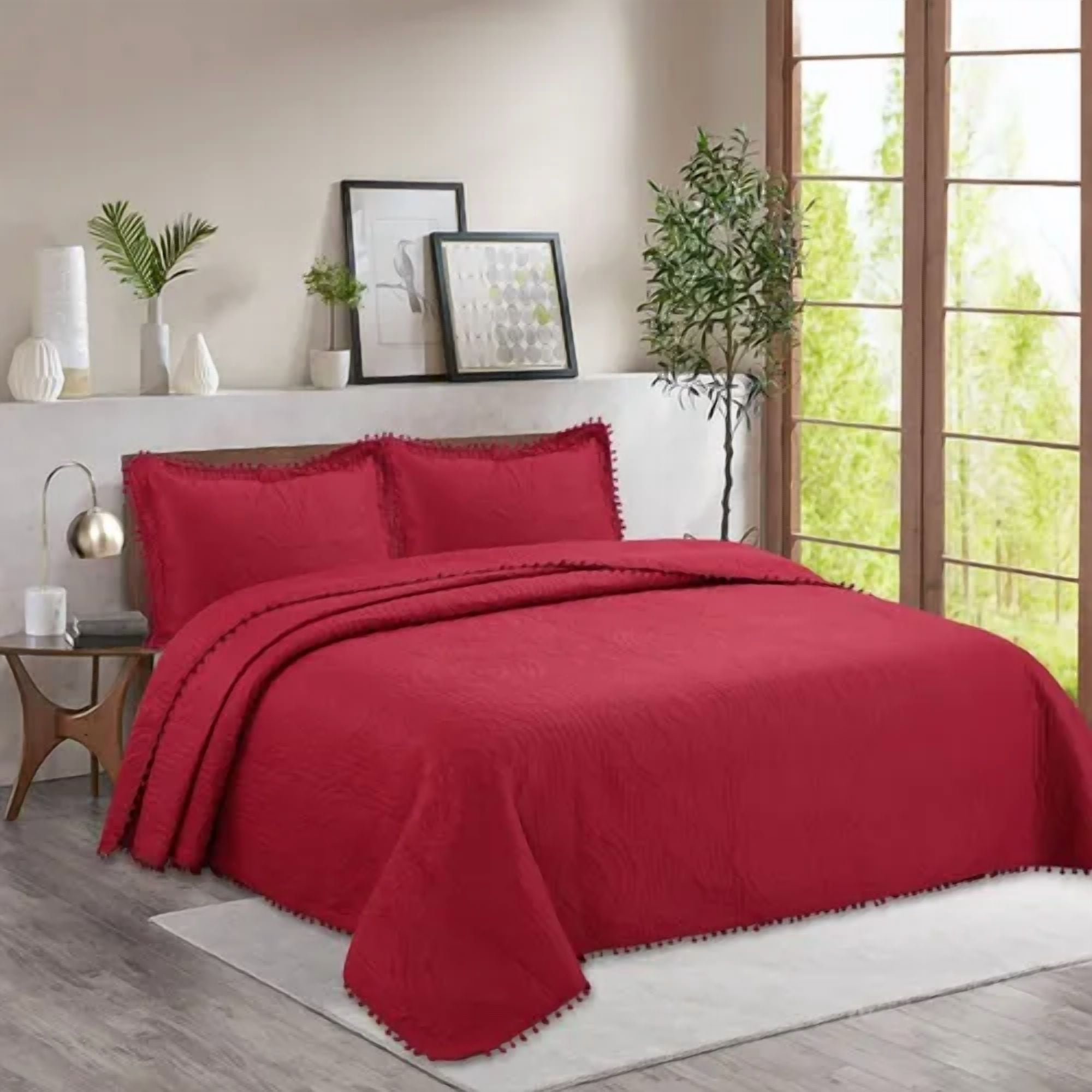 Genérico - Cubrecama Quilt Pompones 2 Plazas Color Rojo