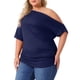 thumbnail image 4 of Agnes Orinda Mujeres Tallas Grandes Tops Escolares Universitarios Sólidos de Un Hombro Manga Corta Blusas Casuales 3X Azul Oscuro, 4 of 6