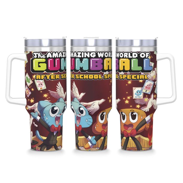 El Asombroso Mundo de Gumball Vaso aislado de acero inoxidable con asa, diseño temático, regalo para familia, amigos y fans; incluye pajita y encaja en el portavasos estándar, 40 oz