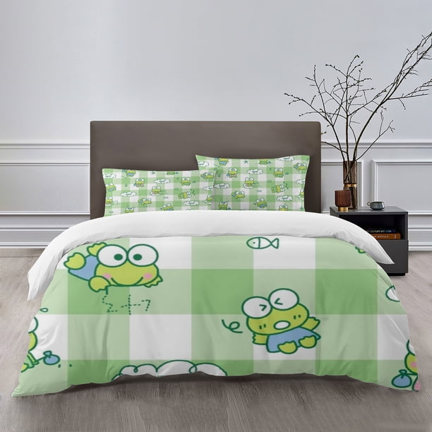 Kero Kero Keroppi Bedding Sets Bed Cartoon Duvet Cover Lightweight 3 Piece Bet Sets for Kids Boys Girls