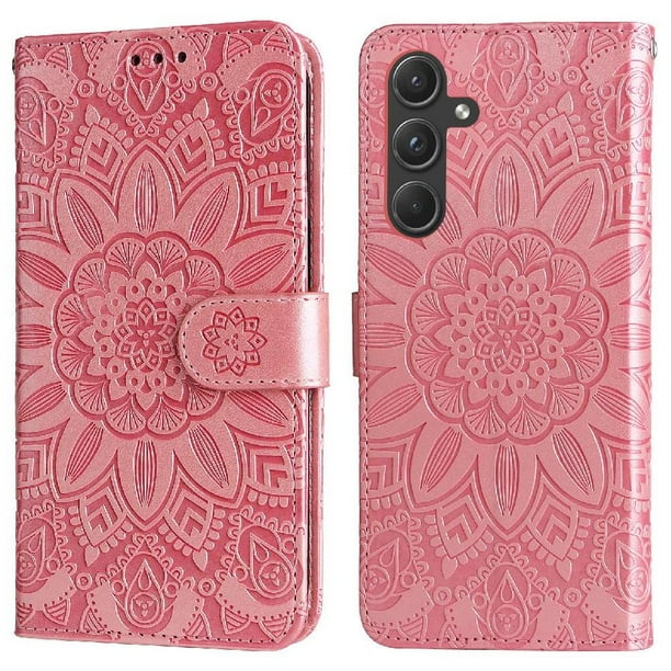 Funda tipo cartera FOXDOCK para Samsung Galaxy A55 , diseño girasol en relieve, cuero PU, cierre magnético, soporte y tarjetero