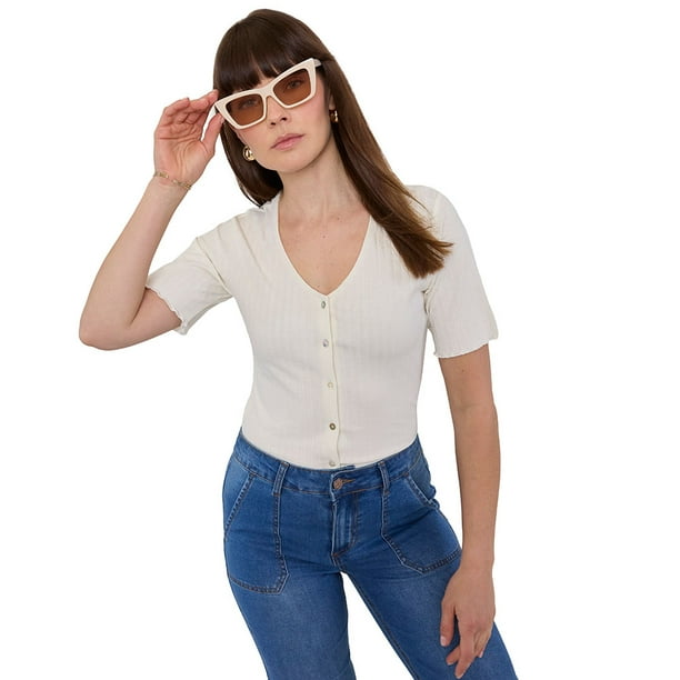 Polera Mujer Rib Botones Crudo Corona