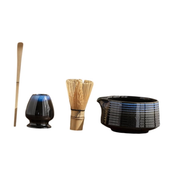 Juego de 4 piezas de Matcha tradicional, batidor de matcha, tazón de té, accesorios de cerámica con boquilla y soporte para batidor, tazón de matcha d Azul oscuro