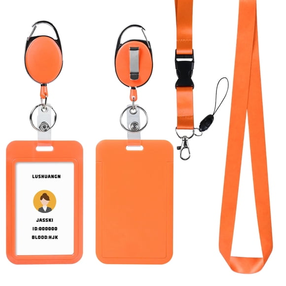 Porta credencial happyhbt naranja con cordón y carrete retráctil – pack de 2