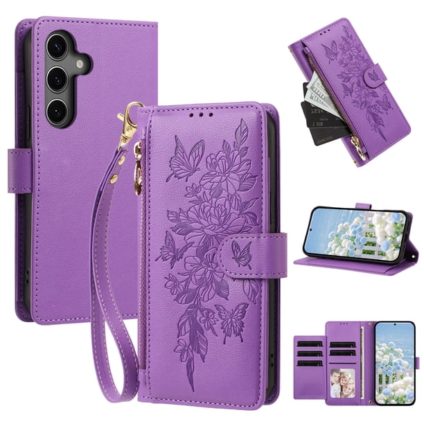 Funda Billetera Floral en Relieve samsung galaxy S25 FE con Tarjetero y Cremallera Morado