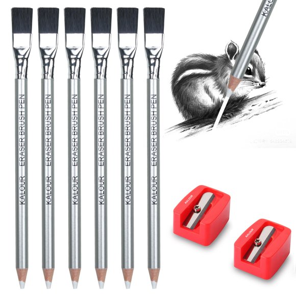 Lápiz borrador KALOUR 6 uds + 2 sacapuntas y cepillo de detalle