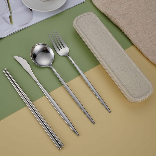 5pcs/set, Cutlery, Coffee Spoon, Salad Fork, Steak Knife, Milk Spoon, Salad Fork, Meal Knife, Portable Chopsticks, Washable Dessert Spoon, Stainless Steel Flatware With Storage Box, Tableware For Rest