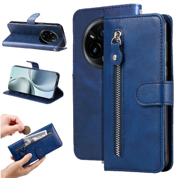Funda con Cremallera para Realme 14 Pro, Carcasa Cartera de Cuero PU con Soporte y Tarjetero