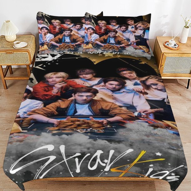 Stray Kids Bedding Set Duvet Cover Comfortable and Lightweight Cartoon Bedding 3 Piece Bed Set
