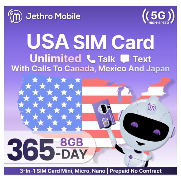 Tarjeta SIM Jethro Mobile 8 GB con Llamadas y Mensajes Ilimitados, 365 Días