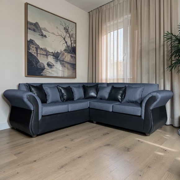 Sofa seccional Madrid lino/ecocuero Negro gris