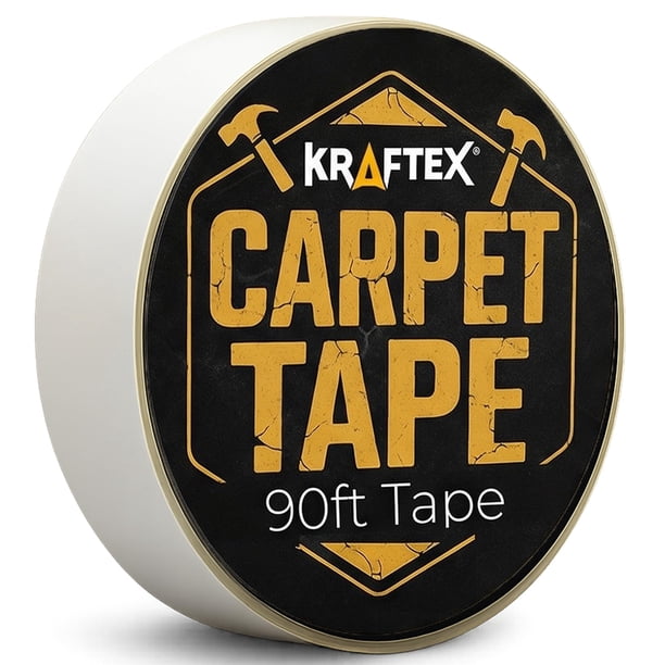 Cinta adhesiva de doble cara Kraftex para alfombras, 90 ft (27 m) – sin dañar pisos de madera, de alta resistencia para alfombras, azulejos, concreto y más. Uso interior y exterior