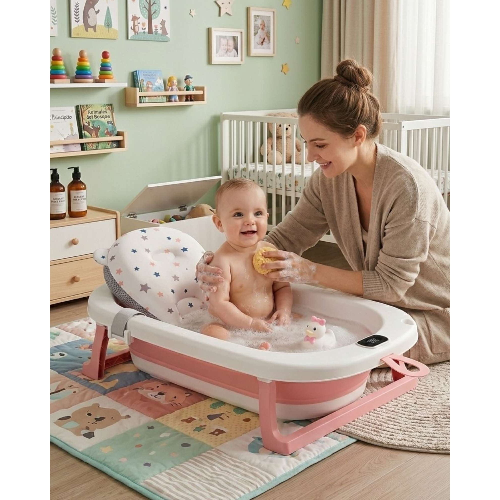 Imac Hogar - Bañera Plegable Rosada Para Bebé Con Termómetro Digital Y Cojín De Soporte Estrellas