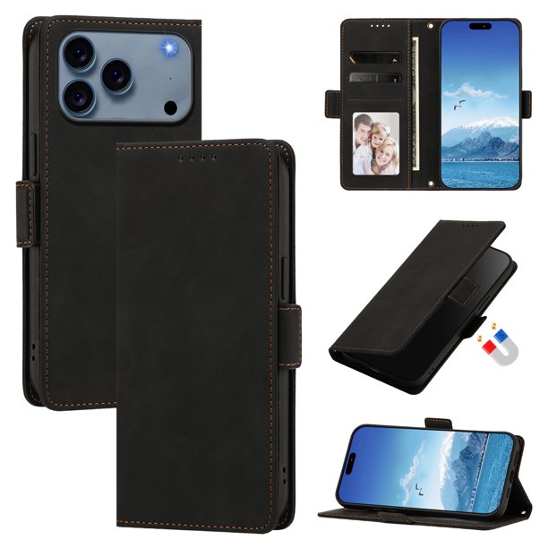 Funda Billetera Delgada para iPhone 17 Pro Max con Ranuras y Soporte Negro