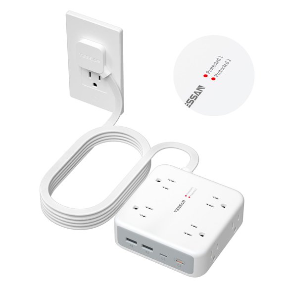 Regleta TESSAN 4,6 m con 8 tomas y 4 puertos USB – 2100 J