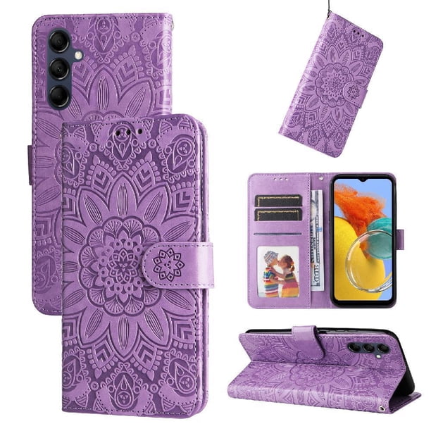 Funda tipo cartera FOXDOCK para Samsung Galaxy M14 5G , diseño girasol en relieve, cuero PU, cierre magnético, soporte y tarjetero