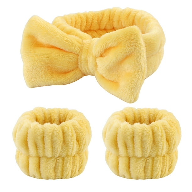 3-Piece Spa Headband & Wristband Set: Super Cute & Soft Elastic Bow Headbands for Women & Girls - Highly Absorbent for Washing Face, Shower & Make Up