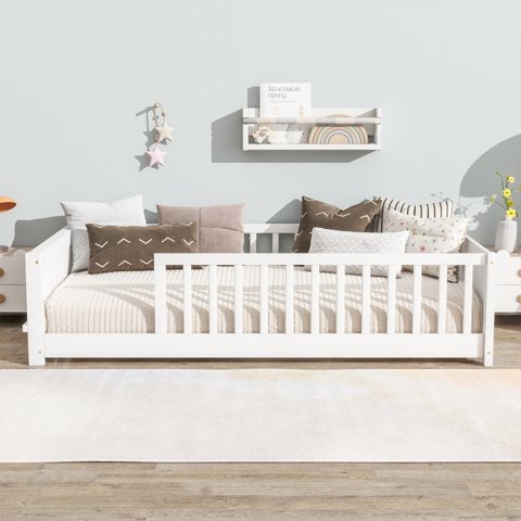 M&Ms - Twin Size Floor Platform Bed With Built-In Book Rack,White(Old Sku W504P143307)