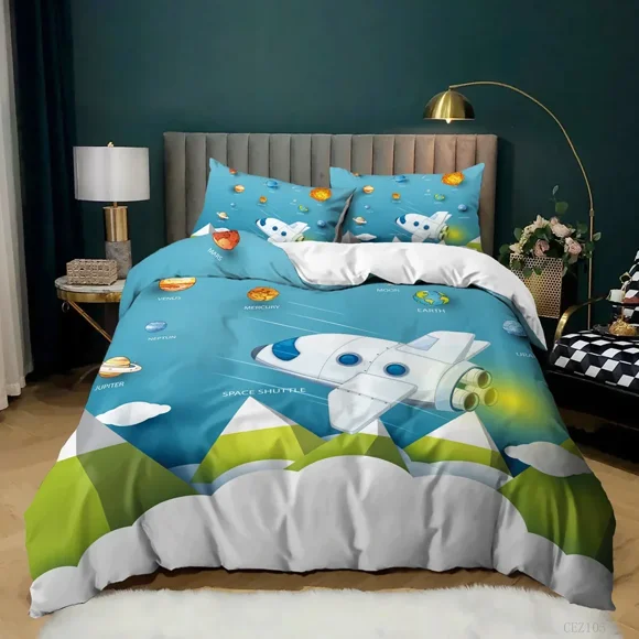 x451 Bed SheetsCartoon Duvet Cover Set Science Fiction Space Themed with Earth and Rocket,Decorative Piece Bedding Set, Size Quilt Cover 3-Piece Bedding Set (1 Duvet Cover + 2 Pillow Shams) nj451