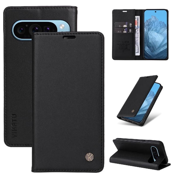 Funda Billetera de Cuero para Google Pixel 9 5G con Tarjetero y Soporte - Tapa Magnética Negro