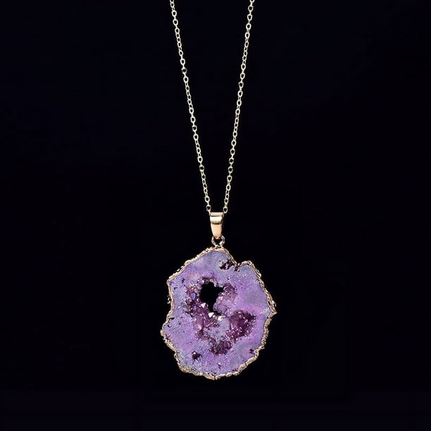 1pc Irregular Hollow Agate Quartz Geode Slice Pendant Necklace with Amethyst Inlay and Gold Plated Edge