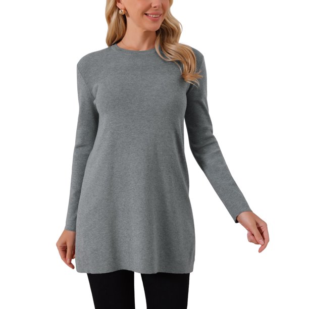INSPIRE CHIC Vestido Suéter de Otoño Invierno para Mujer Cuello Redondo Manga Larga Túnica Suéter Oversize Suelto A-Línea Jersey Top L Gris