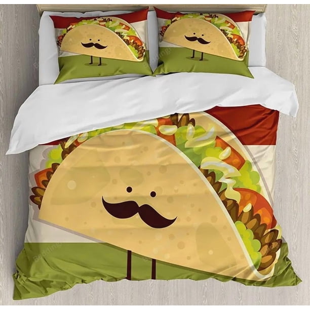 Mexican Taco With Mustached Face Rolled With Veggies Quilt Duvet Cover Set3-Piece Bedding Set